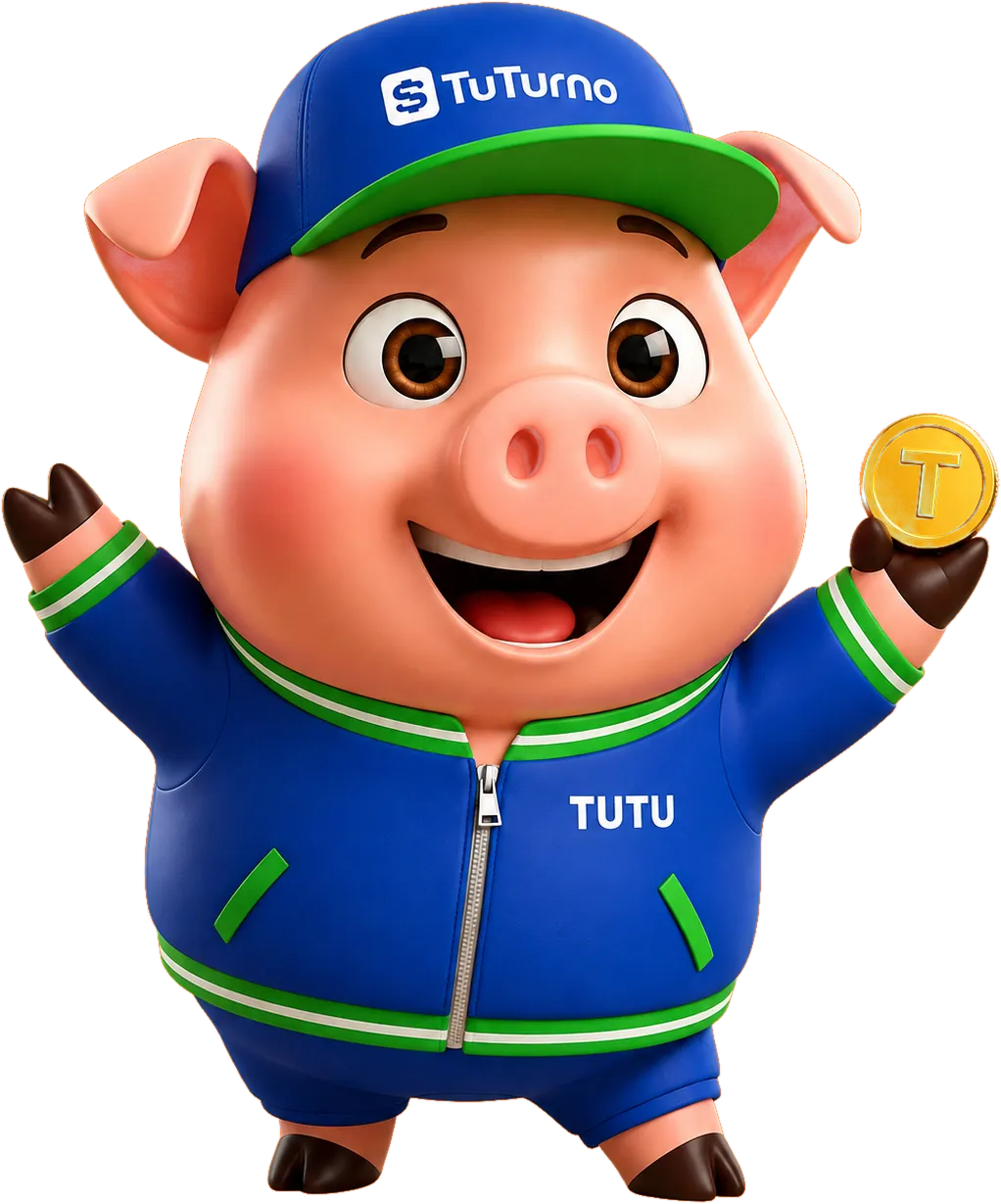 Tutu, el cochinito de TuTurno, con una moneda en la mano