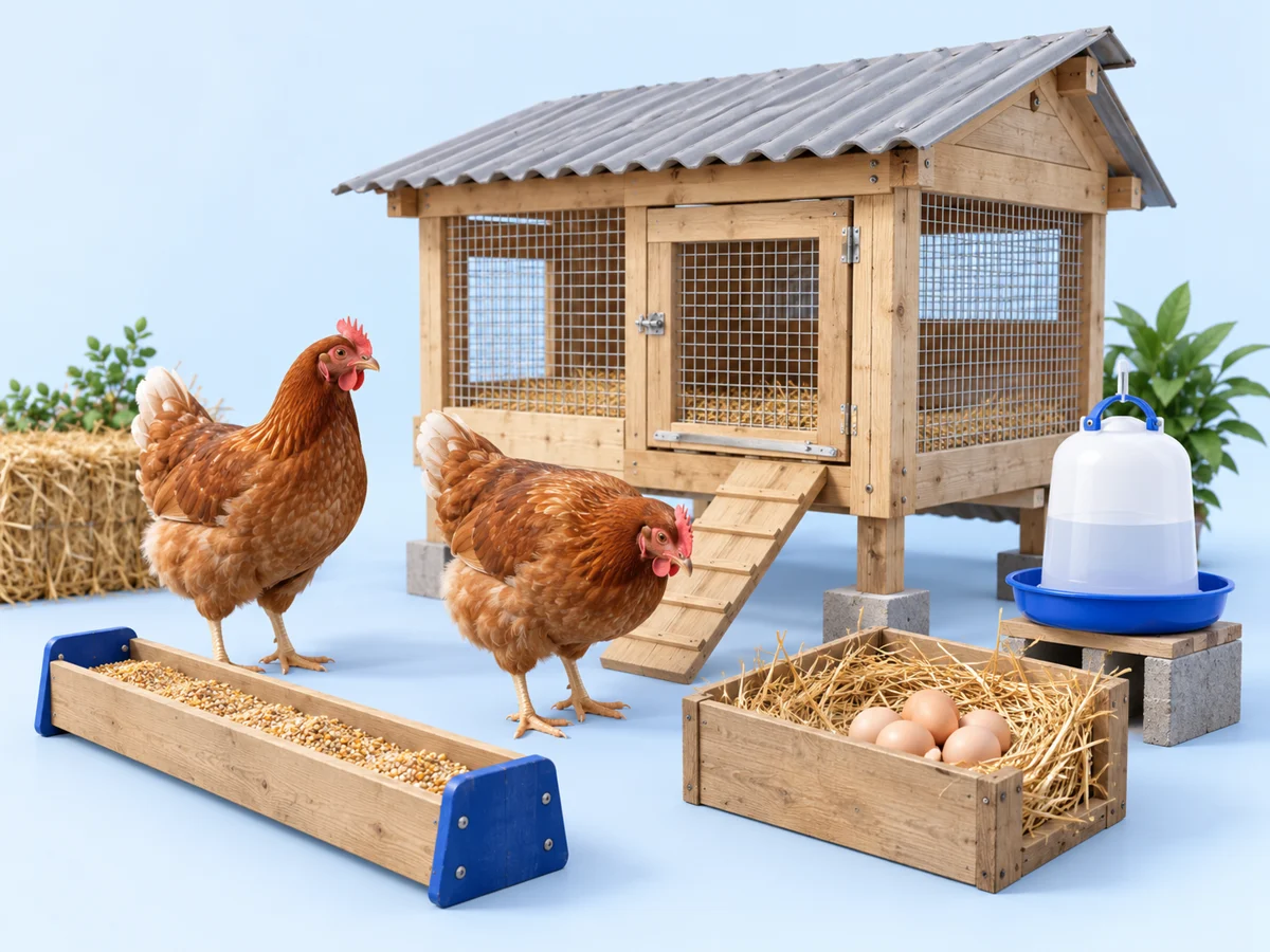 Ilustración de los materiales para gallinas ponedoras