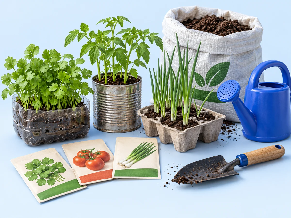 Ilustración de los materiales para huerta casera
