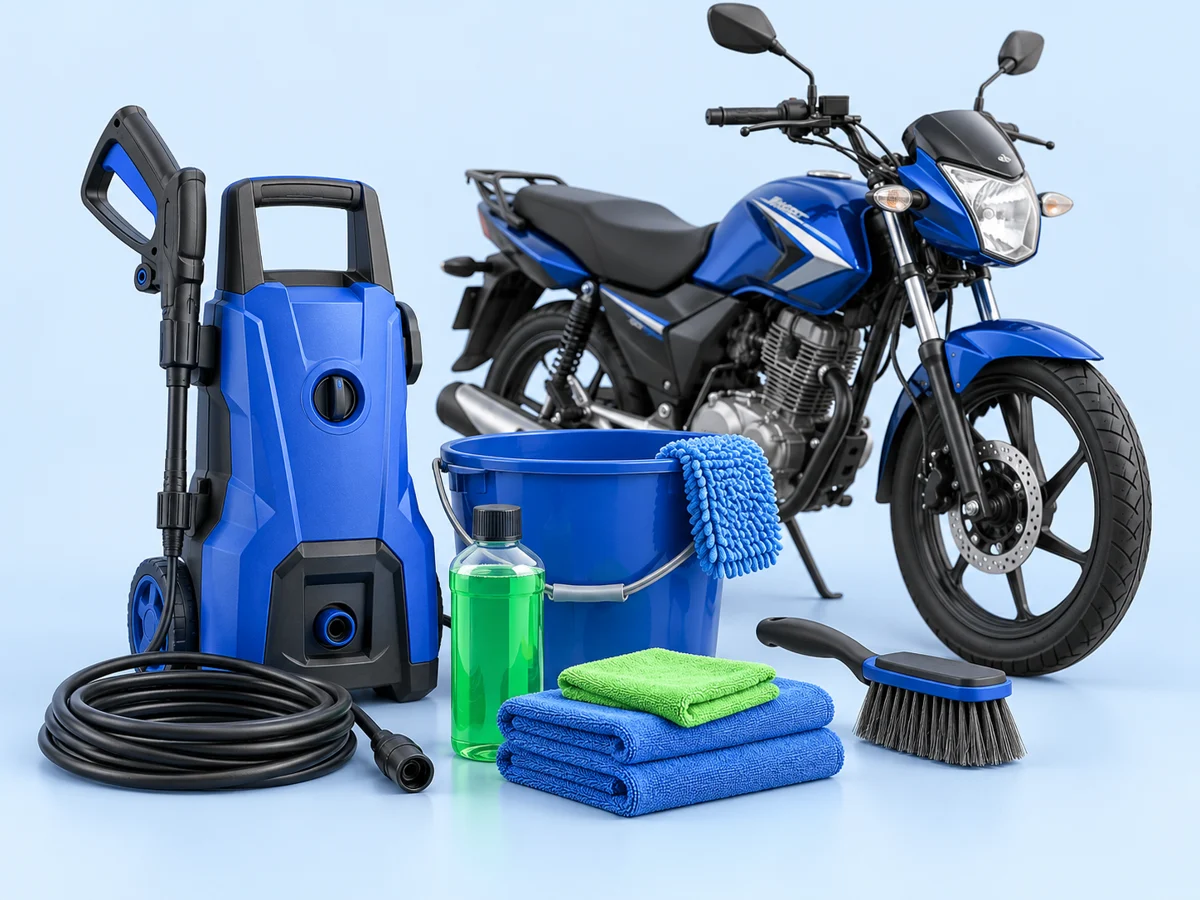 Ilustración de los materiales para lavado de motos