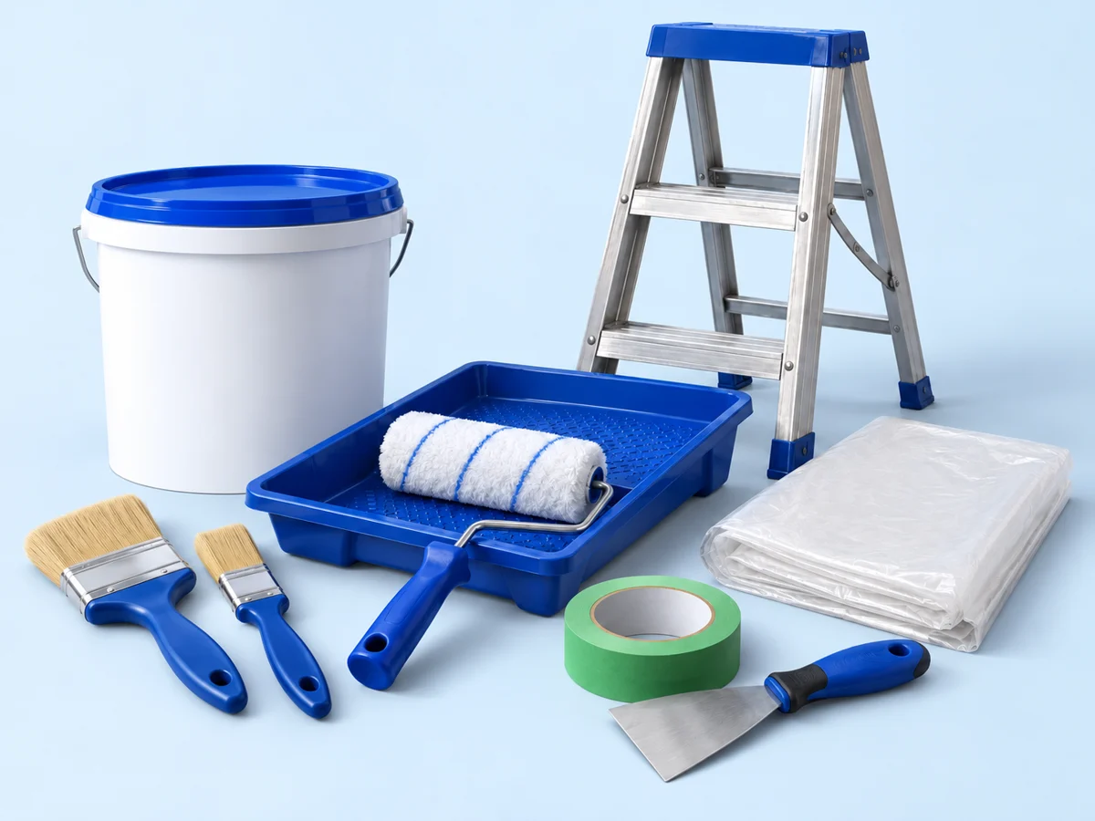 Ilustración de los materiales para pintor de paredes