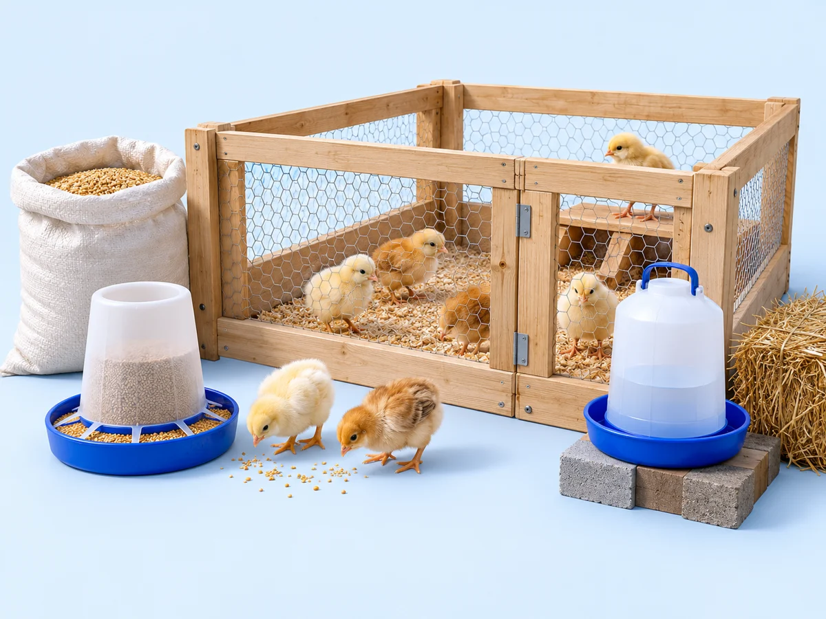 Ilustración de los materiales para pollos de engorde
